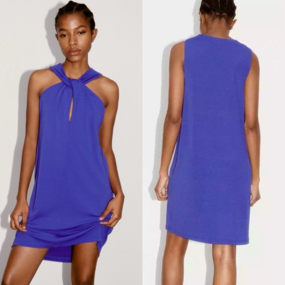 Zara Blue Front Twist Knot Sleeveless Dress